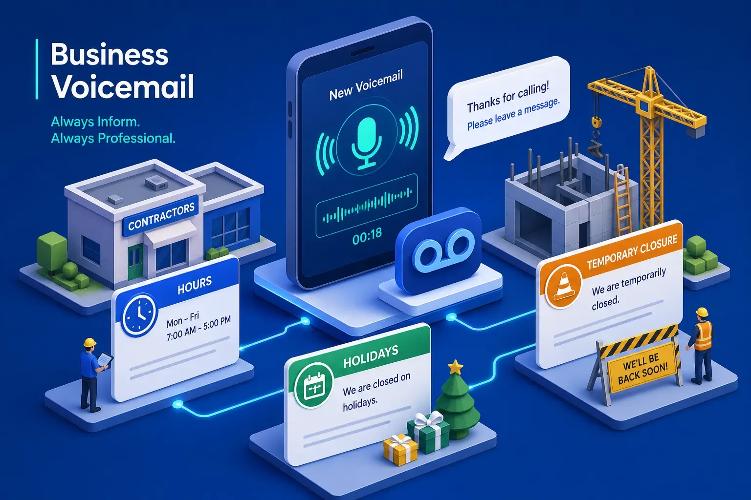 Illustration of a voicemail phone beside contractor office hours, holiday and temporary-closure notices.