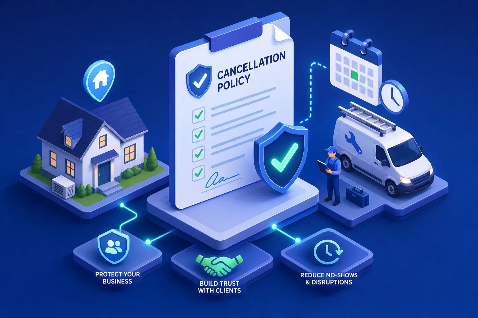 Illustration of a cancellation policy checklist beside a house, service van, and appointment calendar.