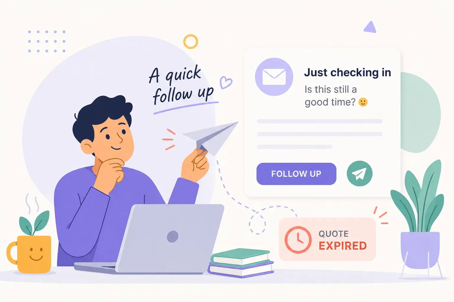 Illustration of a shop owner at a laptop preparing a follow-up email for an expired quote.