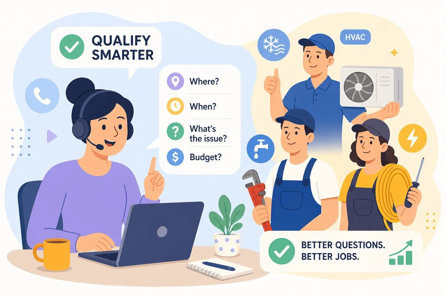 Illustration of a headset-wearing office coordinator gathering call details alongside HVAC, plumbing and electrical technicians.