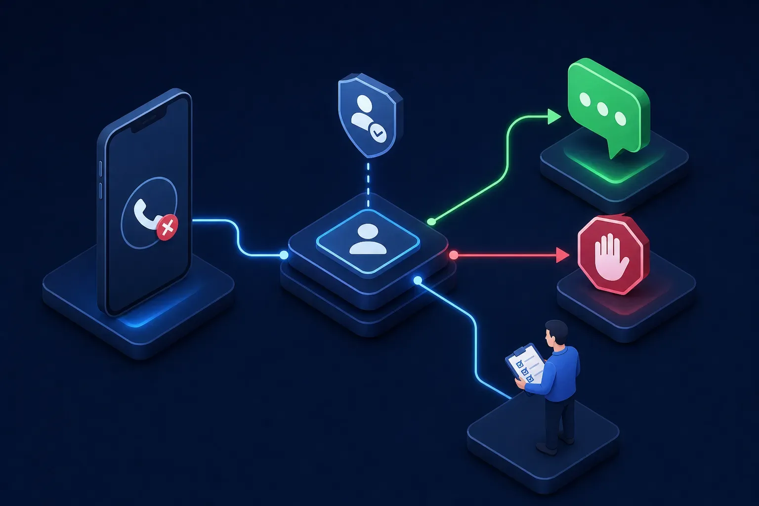 Illustration of a missed call passing through an eligibility check to a text, suppression, or human review.