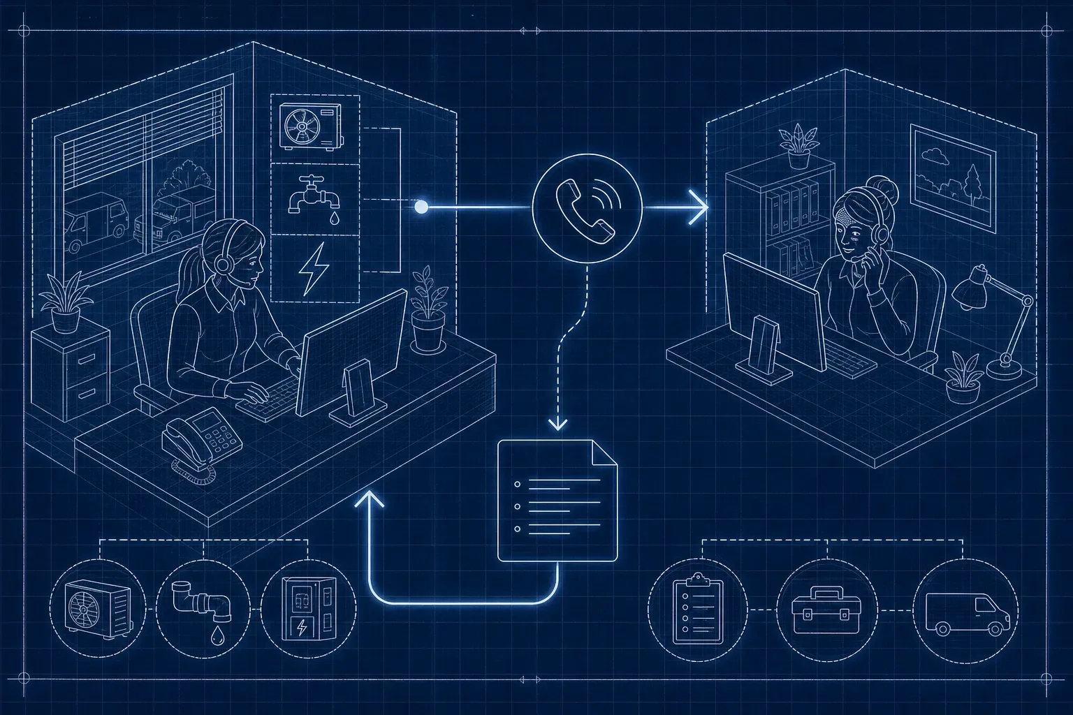 Blueprint illustration of an office coordinator routing an overflow call to a backup agent and receiving a handoff note.