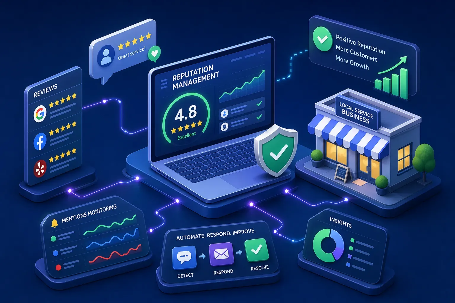 Illustration of review feeds, a reputation dashboard and a small service-business storefront.