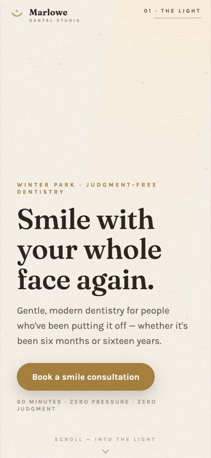 Marlowe Dental Studio scroll-film hero